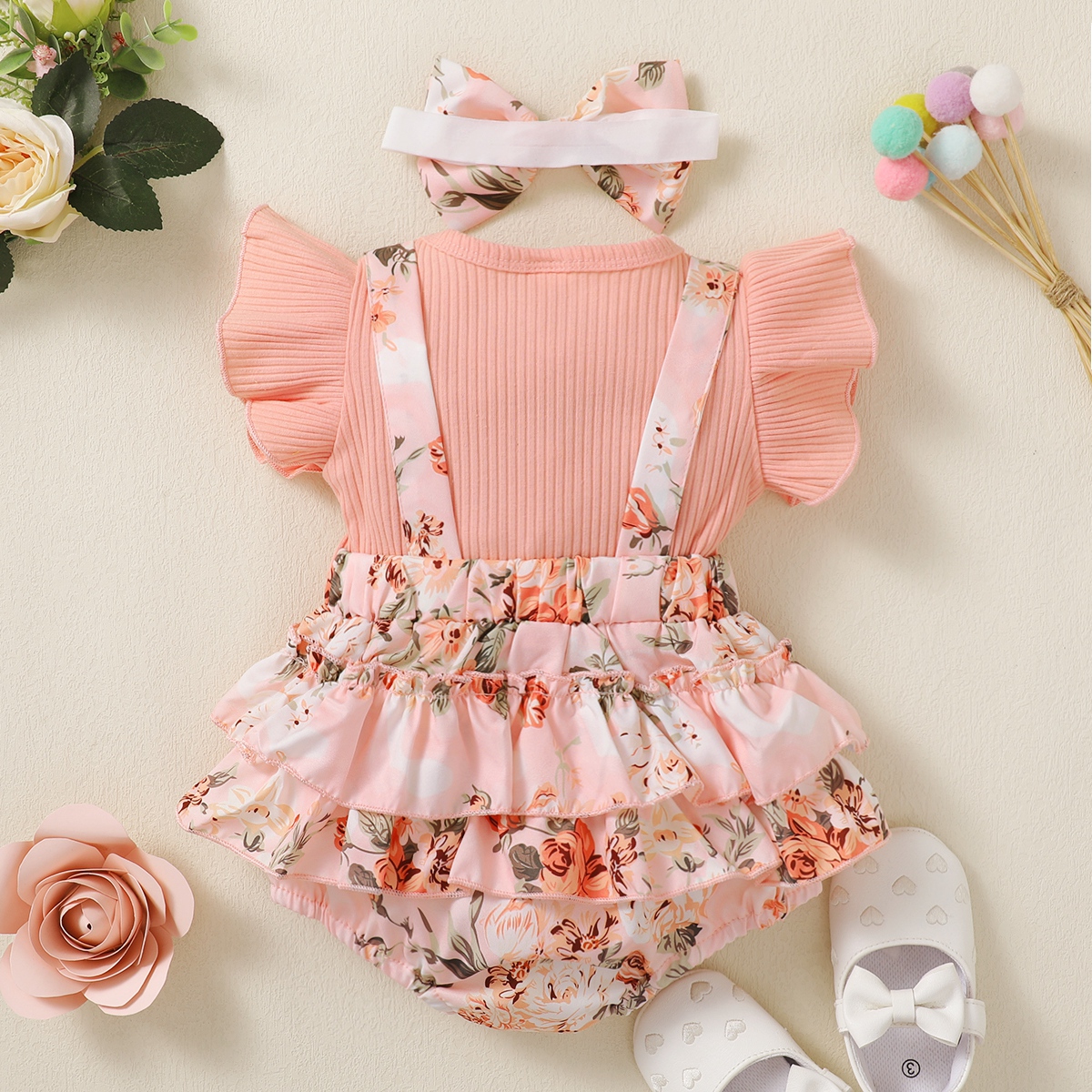 【500sku】Baby Girl Ruffle-sleeve Patchwork Floral Bowknot Bodysuit with Headband Wholesale