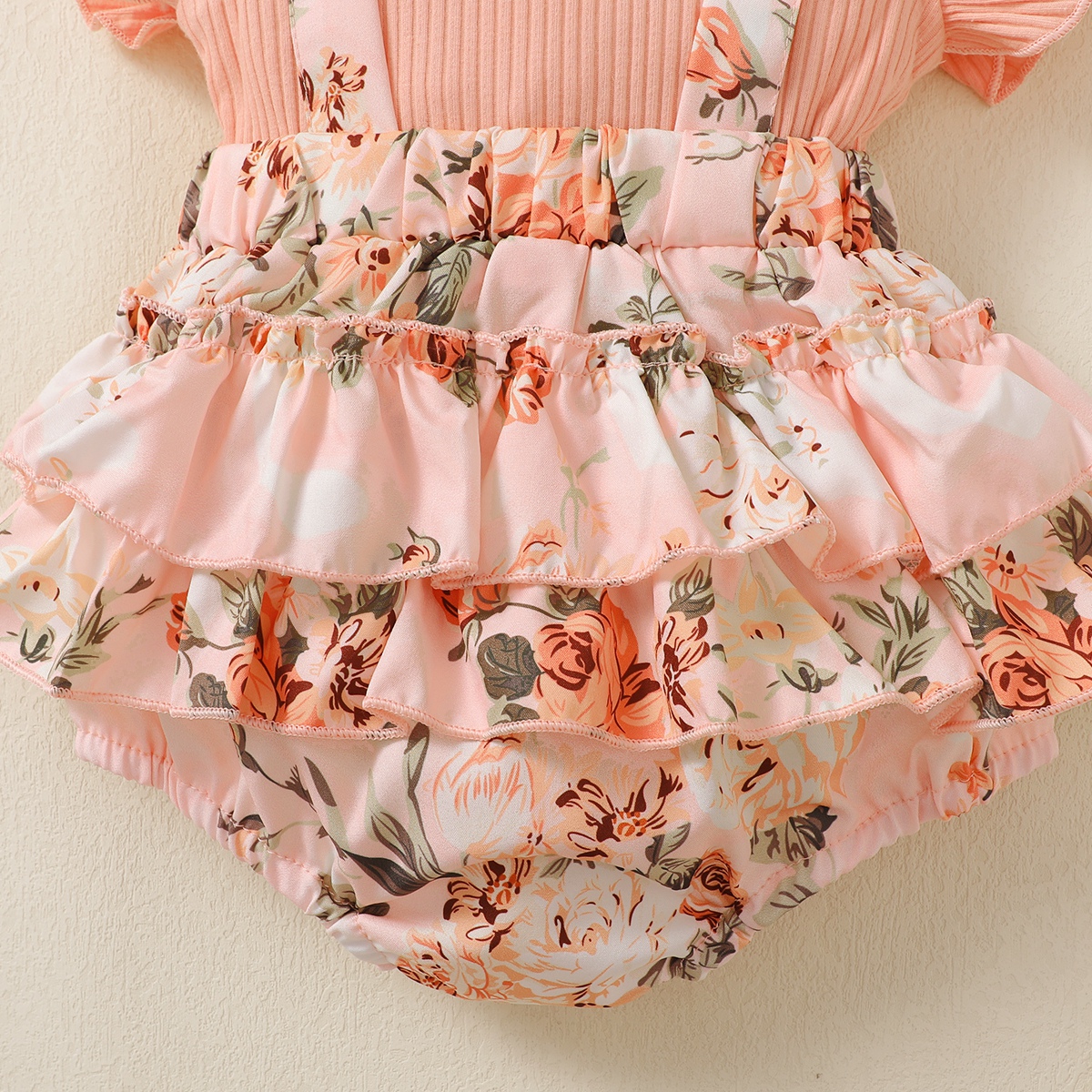 【500sku】Baby Girl Ruffle-sleeve Patchwork Floral Bowknot Bodysuit with Headband Wholesale