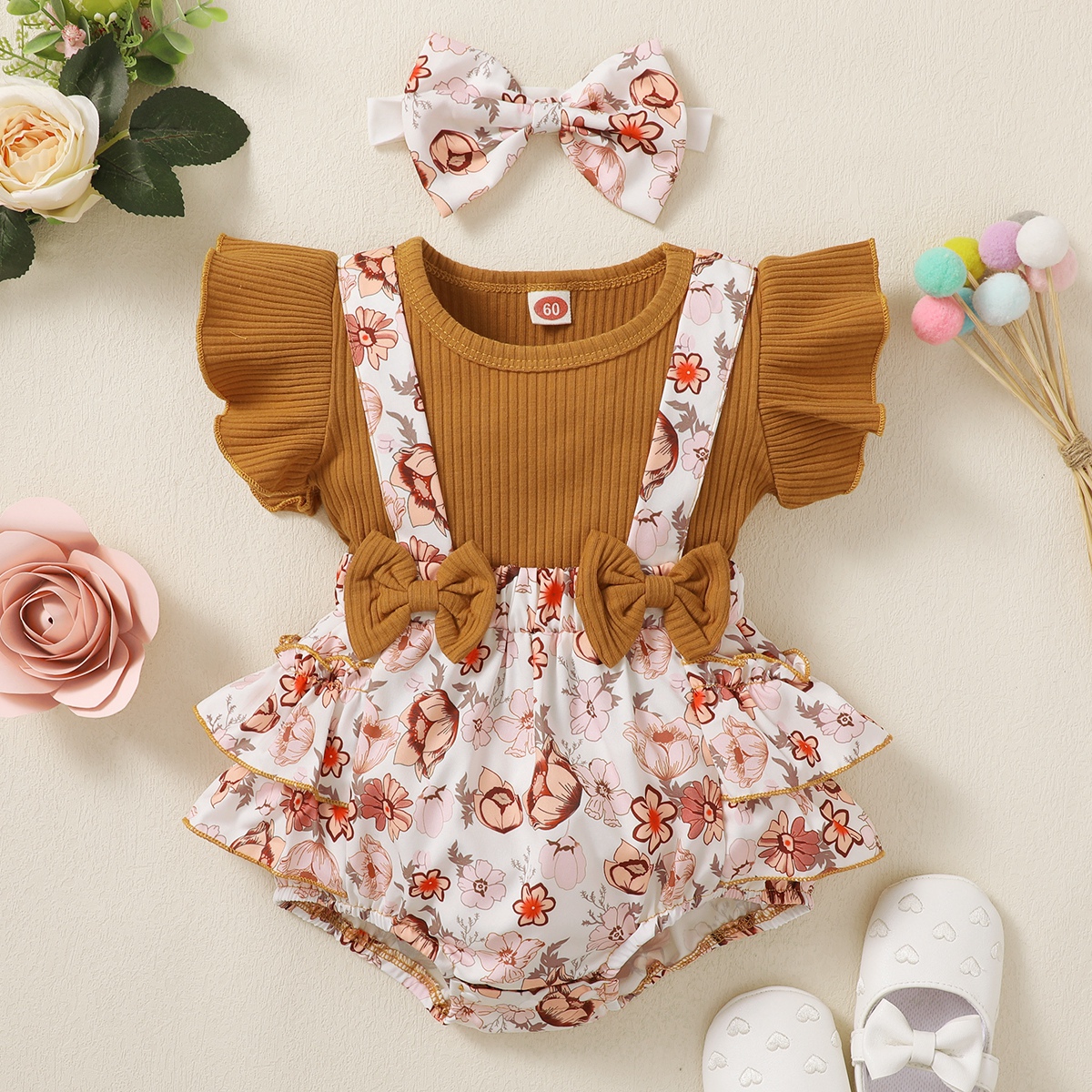 【500sku】Baby Girl Ruffle-sleeve Patchwork Floral Bowknot Bodysuit with Headband Wholesale