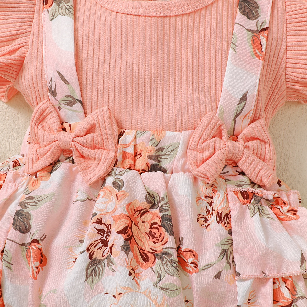 【500sku】Baby Girl Ruffle-sleeve Patchwork Floral Bowknot Bodysuit with Headband Wholesale
