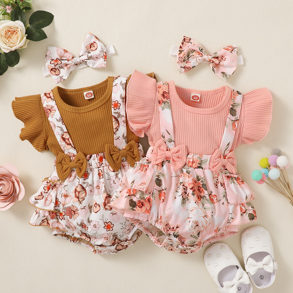 【500sku】Baby Girl Ruffle-sleeve Patchwork Floral Bowknot Bodysuit with Headband Wholesale