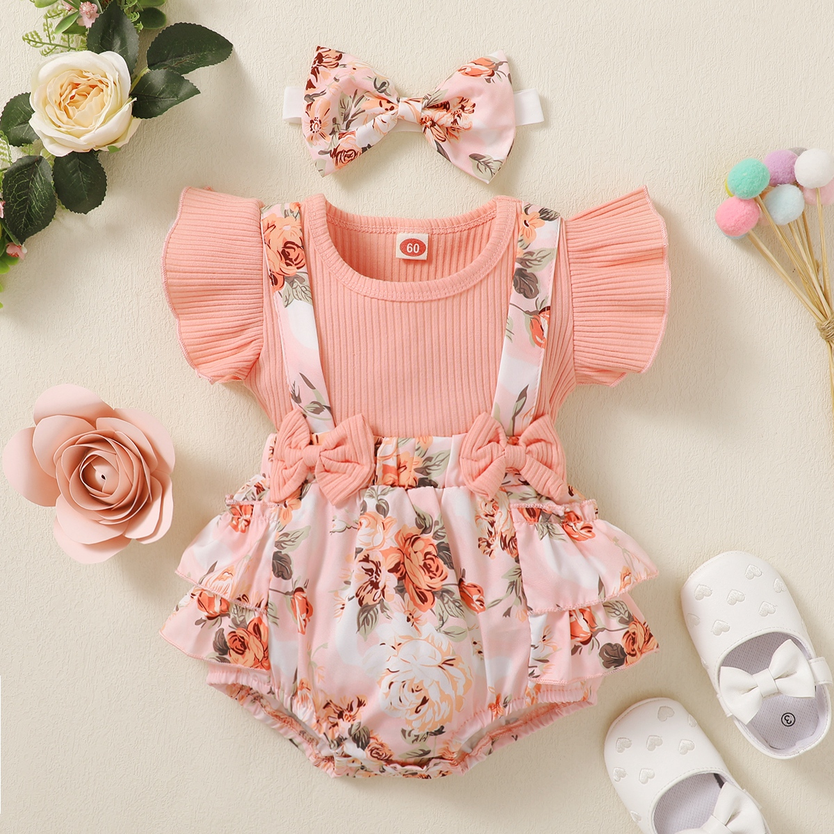 【500sku】Baby Girl Ruffle-sleeve Patchwork Floral Bowknot Bodysuit with Headband Wholesale