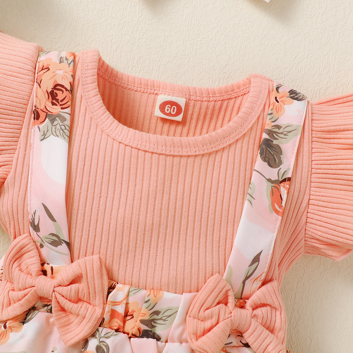 【500sku】Baby Girl Ruffle-sleeve Patchwork Floral Bowknot Bodysuit with Headband Wholesale